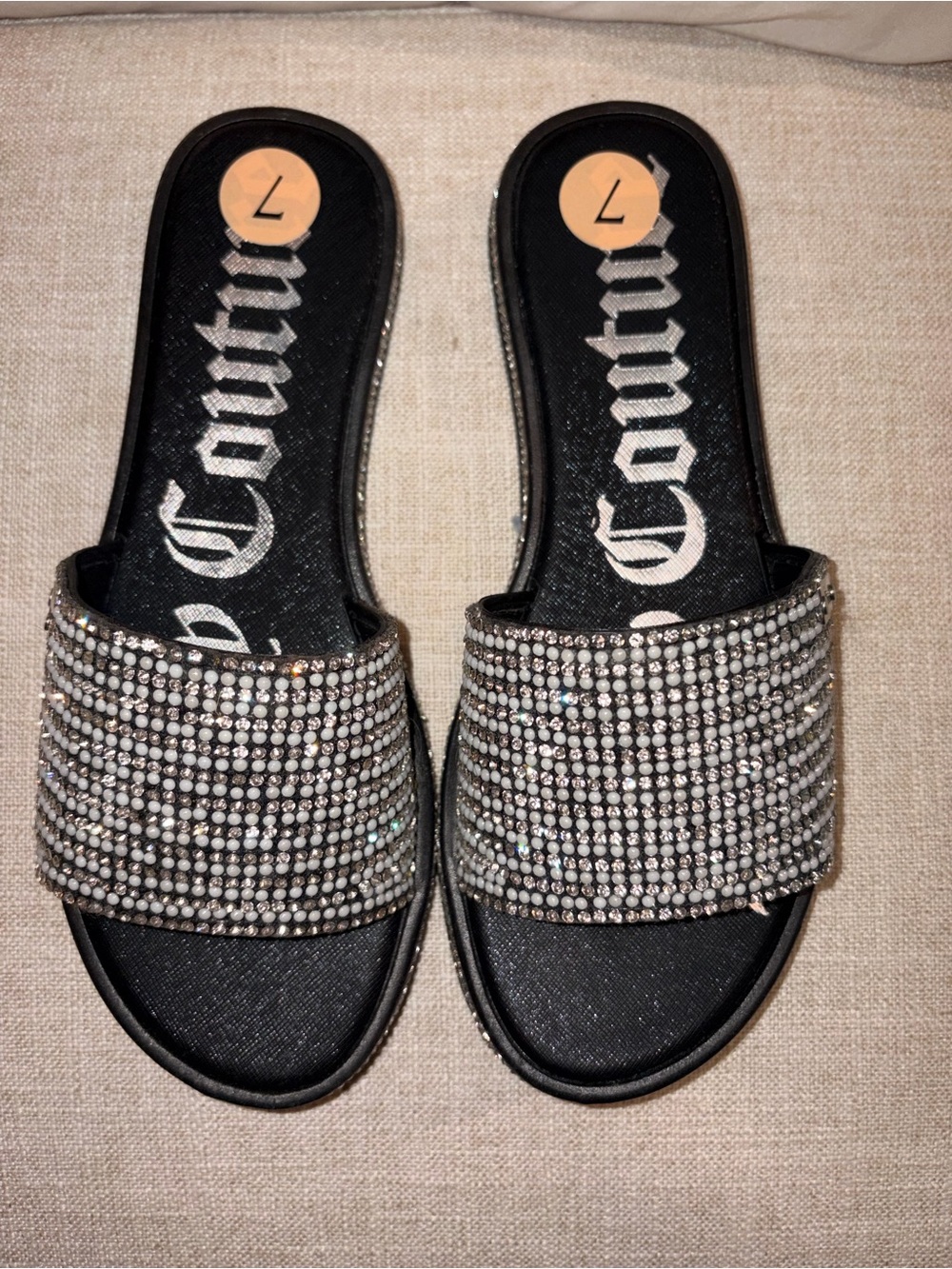 Juicy Couture Rhinestone Crystal Embellished Slide Sandals Black Size 7